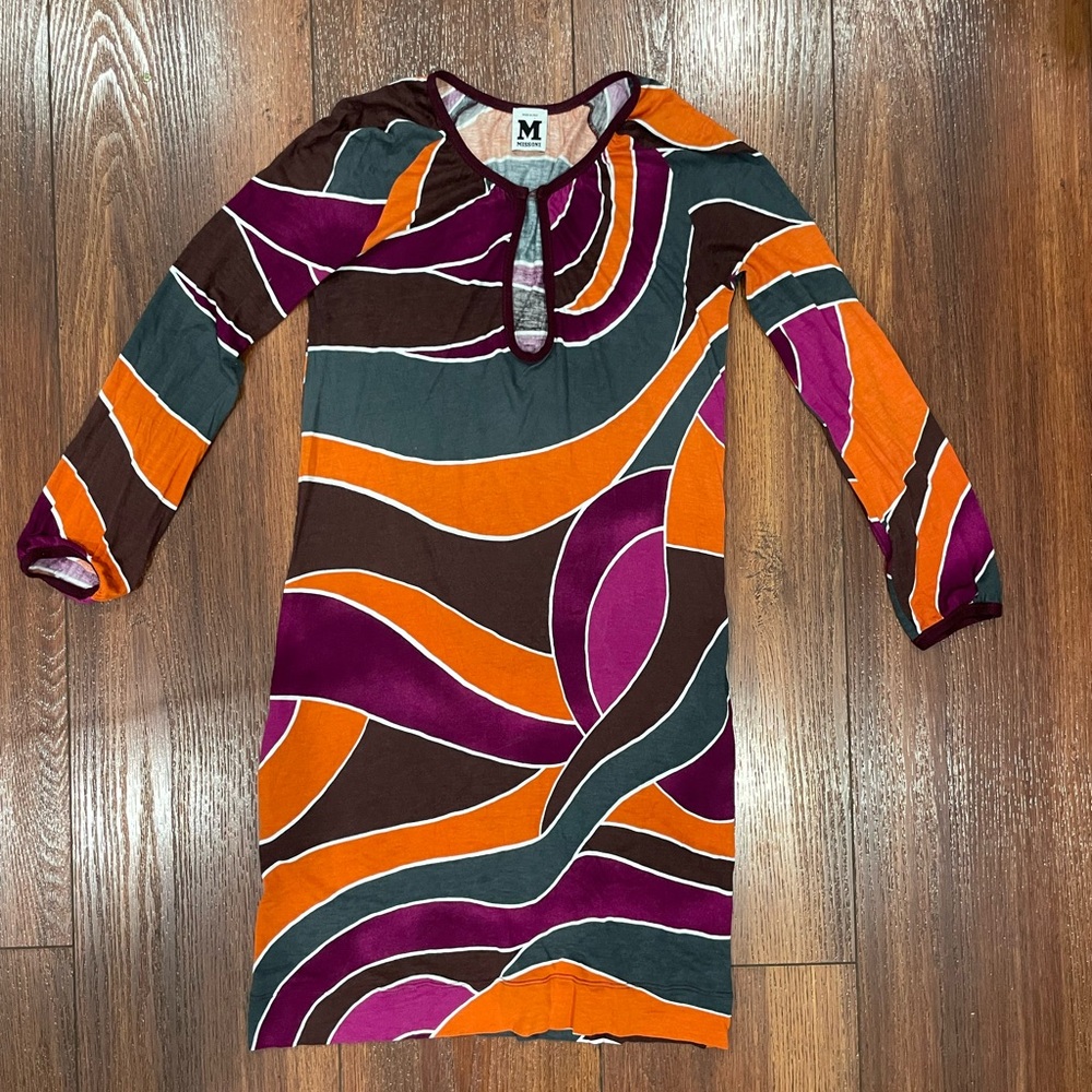 M Missoni brown purple grey orange abstract print long sleeve T shirt dress sz M